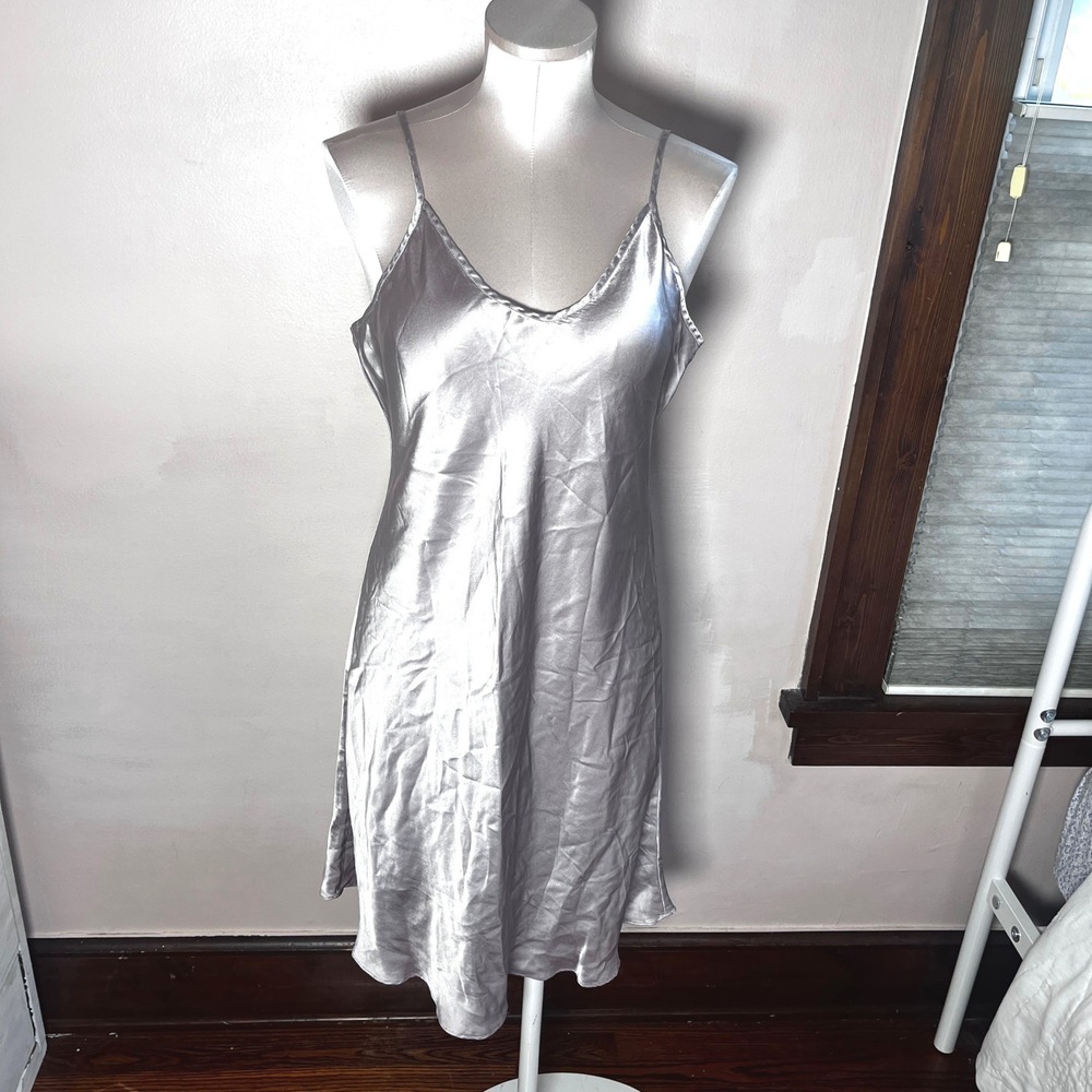 Silksilky Silver 100% Silk Slip Dress Adjustable Straps XXL Sleeveless V-Neck